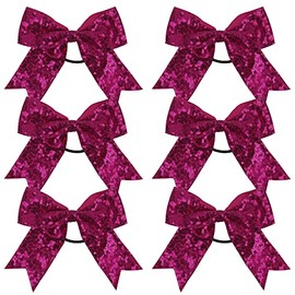 Metallic Sequin and Holographic 6 Inch Cheer Bow Cheerleader Cheerleading Jumbo Cheer Bow Hair Tie Hair Bow School… (Hot Pink)