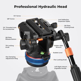K&F Concept Professional Fluid Head, Lightweight Fluid Video Head Silky-Smooth Stable Tripod Head Mount Max Load 22lbs/10kg, Tripod Head for 360°Pan and -55°to 90 Tilt. BV50