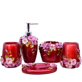 LUANT Vintage Pink Bathroom Accessories, 5Piece Bathroom Accessories Set, Bathroom Set Features, Soap Dispenser, Toothbrush Holder, Tumbler & Soap Dish - Bath Gift Set (deep red)
