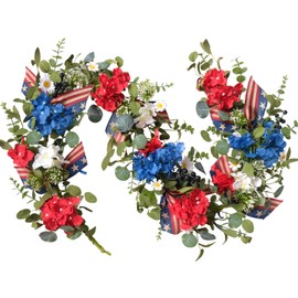 Egolot Patriotic Hydrangea Red White Blue Flower Garland Wreath for Front Door, Forth of July Independence Day Indoor Outdoor Decor Garland, American Flag Ribbon Floral Home Decor