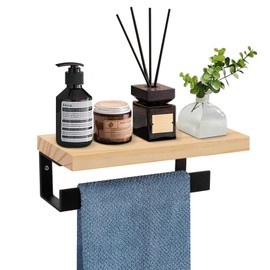 Winmien Hand Towel Holder/Towel Ring with Wooden Shelf, Premium Metal Hand Towel Rack, Hand Towel Hanger for Bathroom, Bathroom Accessories Wall Mounted (Matte Black, 9 Inch)