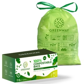 GREENWAY 13 Gallon Compostable Trash Bags Drawstring, 50 Bags, Heavy Duty Extra Thick 0.90 Mil, 50-65L / 13-17 Gallons, compatible with Code Q bins, Tall Kitchen Food Scrap Bags