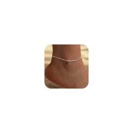 FUNYCHEN Ankle Bracelets for Women Heart Anklet Bracelets Layered Sterling Silver Shining Tennis Anklet Link with Cubic Zirconia Summer Beach Foot Chain for Women Trendy Jewelry Gifts Graduation and Mother's Day Gifts (Green)