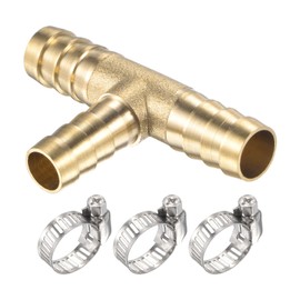 M METERXITY 2 Set Brass Hose Barb Fittings - 3/8" x 3/8" x 5/16" OD Brass Pipe Connector with Hose Clamps Apply to Water Fuel (T Shaped 3 Way)