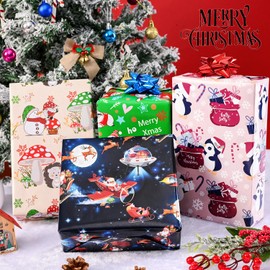 BOLIANNE Christmas Wrapping Paper for Kids Boys Girls - Funny Xmas Holiday Gift Wrap with Gnomes, Santa, Penguins, Sloths for Party - 8 Large Sheets, Cute Design, 27 x 37 Inch, High Gloss