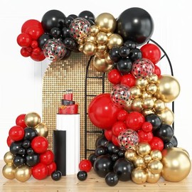 Amandir 153pcs Red Black Gold Balloon Garland Arch Kit, Different Sizes 18 12 10 5 inch Red Black Gold Latex Metallic Confetti Gold Balloons for Graduation Casino Theme Birthday Party Decoration