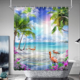 DePhoto Beach Shower Curtain Pink Flamingos Green Palm Trees Blue Ocean Tropcial Coastal Landscape Fabric Bathroom Curtains Bathtub Decoration 72x72 Inch