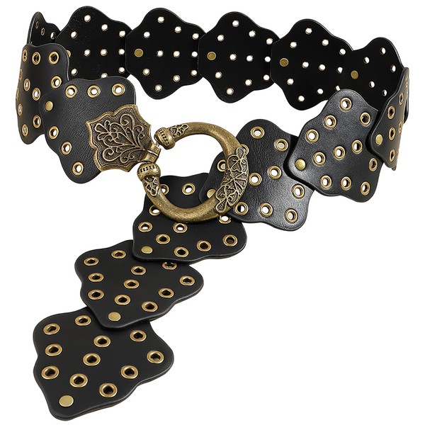 Heyjoin Hollow Wide Disc Belt for Women Leather Metal Buckle