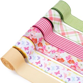 LaRibbons Floral Ribbon Wired 6 Rolls 2.5 Inch x 36 Yards TTL, Flower Butterfly Ribbon with Pink Striped and Green Polka Dot Printed for Spring Summer Crafts Wrapping Wreath Bow Basket Decoration