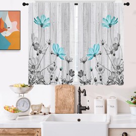 Kikiry Teal Floral Kitchen Curtains Mini 27.5'' W x 39'' L Turquoise Aqua Flower Gray Grey Rustic Botanical Wood Spring Vintage Short Small Cafe Room Window Drapes Treatment Tiers Fabric 1 Pair