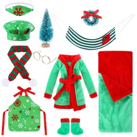 11 Pieces Christmas Elf Doll Accessories Set Include Elf Sleeping Bag Scarf Mask Bathrobe Shoes Hammock Apron Chef Hat Glasses Christmas Tree Xmas Wreath Fit for Elf Dolls, Doll is Not Included