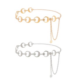 Plus Size Chain Belt for Women, 2 Pack Metal Chain Belt Women Belly Waist Chains, Extra Long Body Chain, 51.2 Inch Adjustable Chunky Belt Chain (Moon Style)