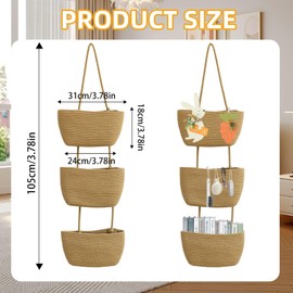 DYUEE 3-Tier Over the Door Hanging Basket Cotton Rope Woven Storage Basket Wall Mount Hanging Storage Organiser Bag with Hook, for Livingroom Kitchen Bedroom Decorative Hanging Basket (Brown)