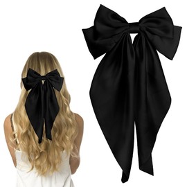 Wmbzxh Pufandor Hair Bow Silky Satin Hair Ribbons for Women, Black Bows for Girls Hair Bowknot Barrettes Long Tails with Clips Big Hair Bows Hair Accessories (Black 1pc)