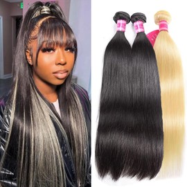 Black and 613 Blonde Mixed Straight Bundles Human Hair 22 24 26 Inch (1 613 Bundle with 2 Black Bundles) 100% Unprocessed Quick Weave Brazilian Hair Bundles Sew in 3 Bundles Human Hair for Women