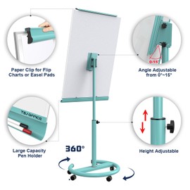 TSJ OFFICE Mobile Whiteboard Magnetic - 40 x 26 Inches Dry Erase Board on Wheel with Stand Flipchart Easel Height Adjustable,Light Blue