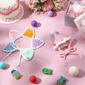 Sanwuta 2 Pcs Cat Birthday Party Supplies, Knit Cat Hat Kitten Birthday Bib Knit Bandana Pet Party Costume Headwear Accessories for Puppy Kitten Small Dogs Animals(Multicolor)