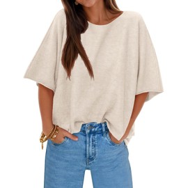 Cicy Bell Womens Half Sleeve Sweaters Oversized Boat Neck Knitted Pullover Sweater Trendy Casual Loose Fit Fall Tops Beige