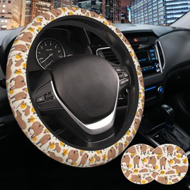 Capybara Car Steering Wheel Cover 15 Inch Anti-Slip Capybara Steering Wheel Covers with 2pcs Car Coasters for Women Men