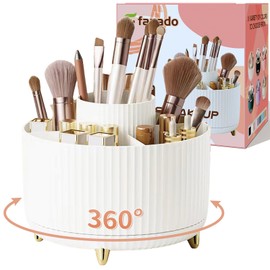 fanado 360° Rotating Makeup Organizer Makeup Brush Holder 5 Compartments for Makeup and Skincare Storage for Dressing Table Desktop Bathroom (White)