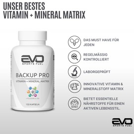 EVO SPORTS FUEL Backup Pro Vitamin + Mineral Matrix, 150 Capsules, Innovative Combination of Vitamin C, B12 & Zn, Mg, Ca, Se and More, Without Unnecessary Additives, Tested Quality, Made in Germany