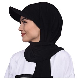 Women Muslim Hijab 2 in 1 Basketball Cap and Scarf Set Islamic Head Scarf Wrap Soft Head Wrap Cap for Outdoor Black