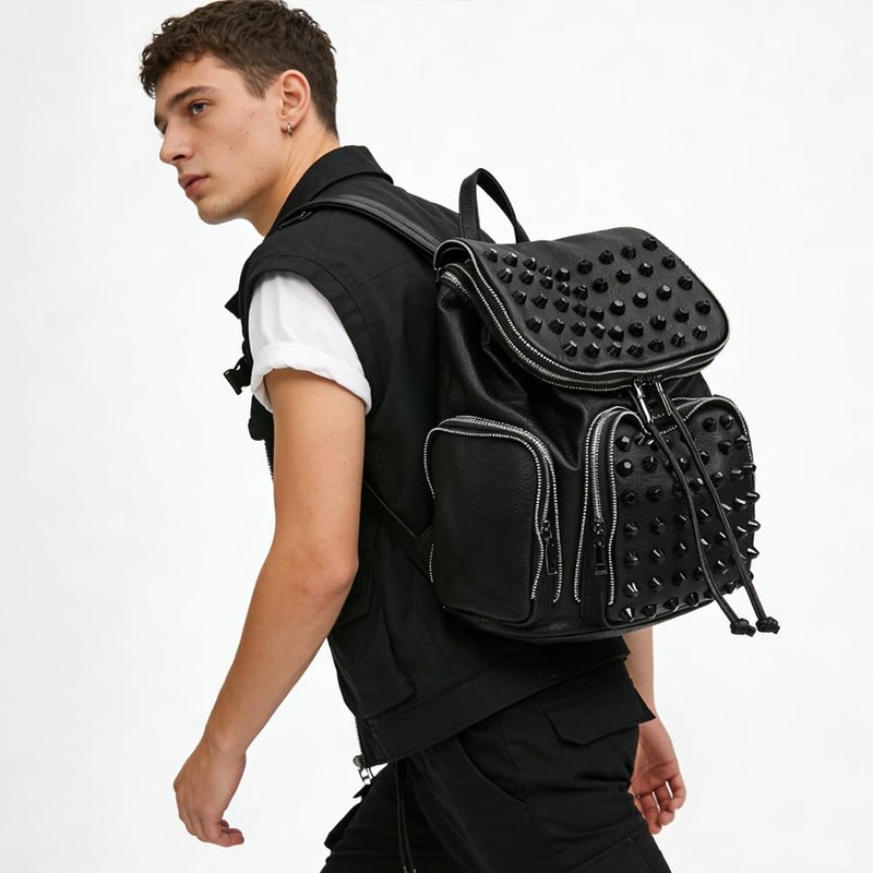 Downupdown ​Studded Backpacks for Women and Men Leather Flap Rivet