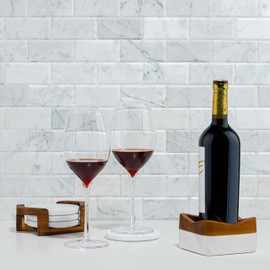 nambe Chevron Coaster 4 Piece Set with Holder | 4.5 Inch White Marble Drinks Coasters for Tabletop Protection | Made of Marble with Acacia Wood Holder | for Coffee Table or Bar Décor