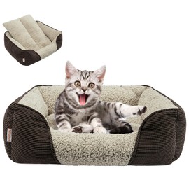 Miguel Washable Cat Beds for Indoor Cats with Removable Cushion, Easy to Wash Small Pet Sofa Bed with Side, Rectangle Bolster Kitten Bed Calming Cuddle Puppy Bed with Anti-Slip Bottom, Brown 18 Inch