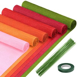 Crepe Paper - 6 Rolls, Red, 10 Inch Wide, Streamers, Flower Making Kits, Green Floral Tape and Floral Stem Wire for Wedding, Festival, Party, DIY Flower Crafts