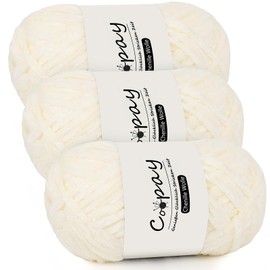 Coopay Chenille Wool for Crochet, 3 x 100 g, Velvet Chenille Yarn, Thick Fluffy Soft Chenille Yarn, Chenille Wool, Soft Plush Wool Crochet Yarn for Blankets, Scarves - Cream