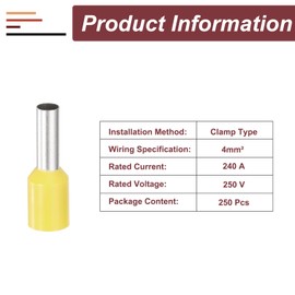 sourcing map 250 Pcs Insulated Ferrule Electrical Wire Connectors Wire Terminals Wire Crimp Connector Kit 12 AWG for Electrical Projects Industrial Chemical Industry, Yellow