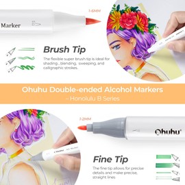 Ohuhu Ohuhu Alcohol Markers Brush Tip - Double Tipped Art Marker Set for Artist Adults Coloring Illustration- 72 Colors- Alcohol-based Refillable Ink - Fine & Brush Dual Tips - Honolulu B of Ohuhu Markers