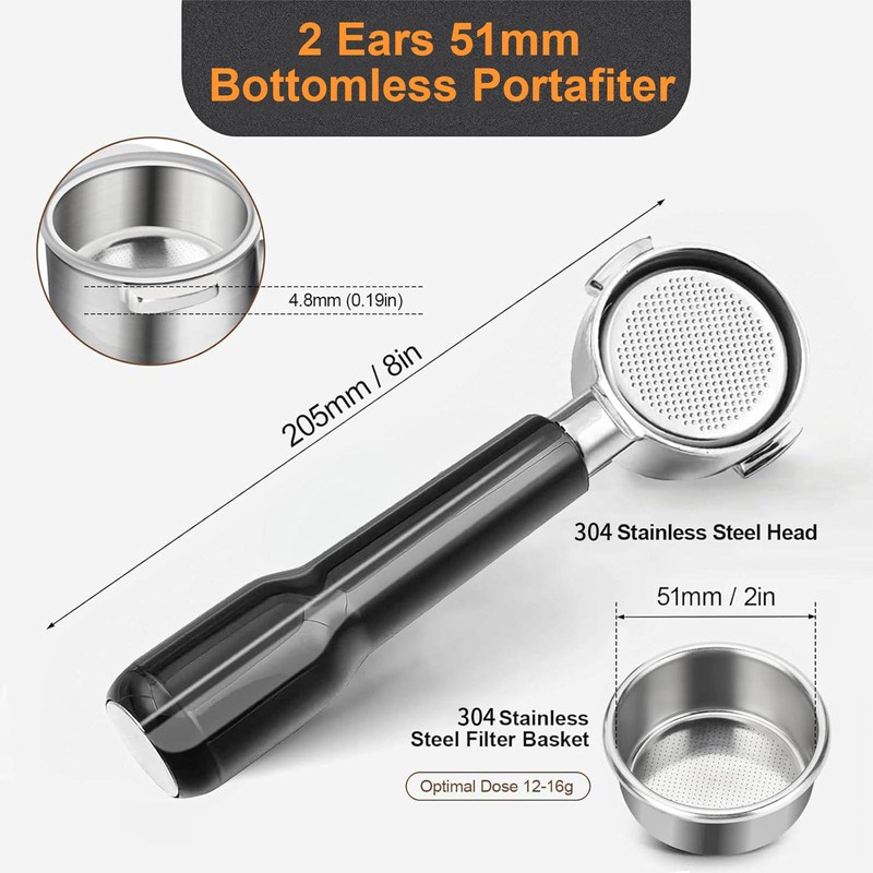 51mm Bottomless Portafilter Compatible for Delonghi ECP3420/ECP3120/EC155/BCO430/EC260 with Stainless Steel