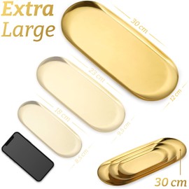 ecooe Extra Large 30 x 12 cm Tray Gold Plate Stainless Steel Cosmetic Organiser Small Items Tray - 1 Piece, Decorative Plate for Jewellery Cosmetics Candles Dessert