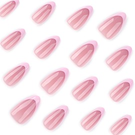 Press On Nails, Summer Flower Fake Nails, Cute Design Floral Stick On Nails, Short Square Almond Ballet Shape Glue on Nails on 24PCS (Pink French Flower)