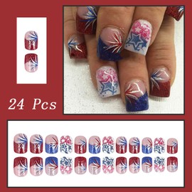 24pcs 4th of July Press on Nails Short Square Red Blue French Tip Fake Nails with Glitter Designs Independence Day Fireworks Stick on Nails Star False Nails Full Cover Glue on Nails for Women