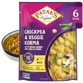 Patak’s Chickpea & Veggie Korma - Mild Creamy Coconut Based Indian Curry with Chickpeas, Green Beans & Veggies - Vegan Microwave Meal for Quick Dinners - Serve with Rice or Naan - 10.5oz (Pack of 6)