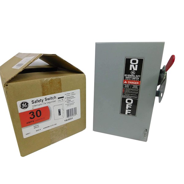 GE TG3221 Fusible General Duty Safety Switch, 240 VAC, 30 A, 1 Phase, 3 Wires, 2 Poles, Handle Actuator, Steel Construction, 1.5 hp Standard Fuse, 100 kA Short Circuit Current Rating