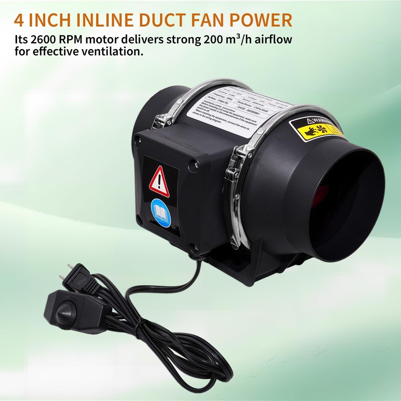4 Inch 260 CFM Inline Duct Ventilation Fan, HVAC Vent