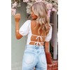 oten Women's Summer Backless Puff Sleeve Bodysuit Square Neck Tie