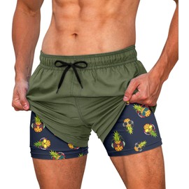 Cozople Mens Bathing Suit Glasses Pineapple Swim Trunks with Compression Liner Army Green Swim Shorts Hawaiian Print Board Shorts Quick Dry Swimsuit Shorts S
