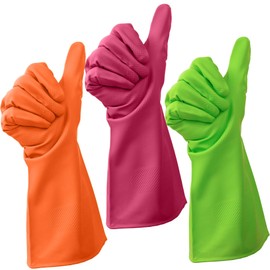 Cleanbear Cleaning Gloves Large, Reusable Nitrile Glove set of 3 Pairs, Latex Free Rubber Gloves for Washing Dishes, Household Cleaning, Bathroom or Gift Use, 12 Inches (Red, Green and Orange)
