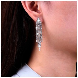 Sttiafay Vintage Rhinestone Chandelier Tassel Earrings Crystal Chain Drop Earrings Silver Long Tennis Chain Earrings Shine Chandelier Bridal Earrings Jewelry for Women