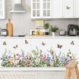 decalmile Green Grass Flower Wall Corner Decals Garden Floral Butterflies Baseboard Skirting Line Wall Stickers Bedroom Living Room Kids Room Wall Art Decor