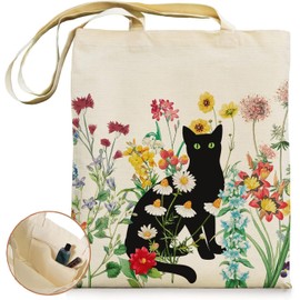 Svnntaa Black Cat Canvas Tote Bag with Zipper Pockets Vintage Flowers Cute Tote Bag Aesthetic Reusable Shopping Grocery Bags Birthday Gifts for Women