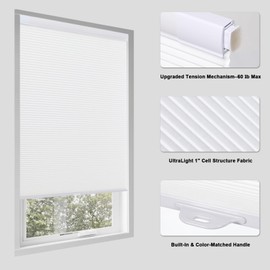 Tonature No Drill Cellular Shades for Indoor Windows, Thermal Insulating & Noise Reducing Honeycomb Blinds, Cordless Free Stop Blinds Light Filtering, White, 34" W x 64" H