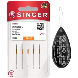 Singer Stretch Ball Point 2045 Sewing Machine Needles, Packet of 5, Size 80/12, Includes Large Needle Threader