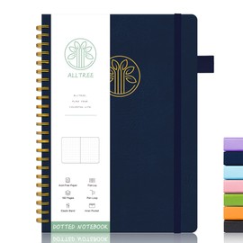 Alltree Spiral Dot Grid Notebook Journal, Dotted Paper Notebook for Work, Hardcoer Spiral Notebook with Pen Loop, Pocket, Stickers, 160 Pages, Journal for Women & Men, Navy Blue(6"x8.5")