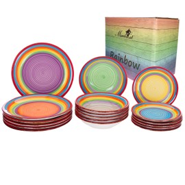 MamboCat 18-Piece Ibiza Rainbow Plate Set for 6 People, Multicoloured Dinnerware - Small Dessert Plates + Flat Dinner Plates + Soup Plates in Vibrant Rainbow Colours
